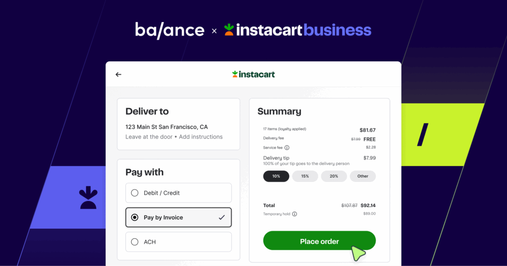 A user interface showing Instacart Business app checkout with embedded invoicing powered by Balance